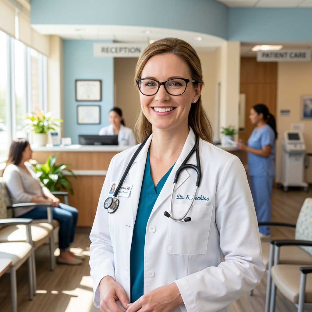 Female doctor smiling with glasses